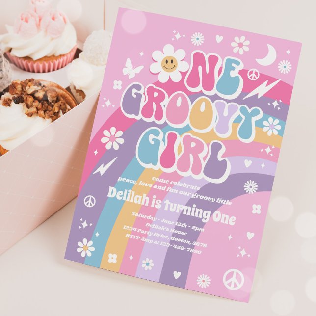 One Groovy Girl Peace Love Party Rainbow Birthday Invitation (Creator Uploaded)