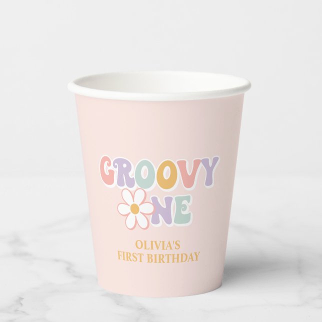 One Groovy girl Pink Daisy Chequered Paper Cups (Front)