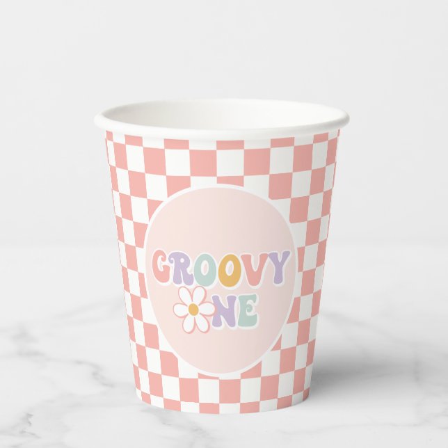 One Groovy girl Pink Daisy Chequered Paper Cups (Front)