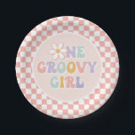 One Groovy girl Pink Daisy Chequered Paper Plate<br><div class="desc">One groovy girl! Retro chequered print with Daisies Birthday party plates in pink.</div>
