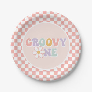 One Groovy girl Pink Daisy Chequered Paper Plate