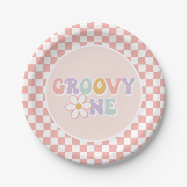 One Groovy girl Pink Daisy Chequered Paper Plate (Front)