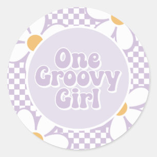 One Groovy Girl Purple Daisy Chequered Classic Round Sticker