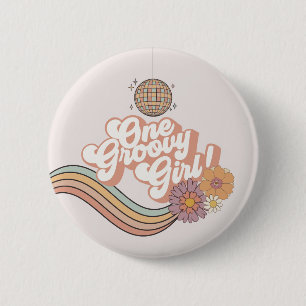 One Groovy Girl retro 1st birthday party 6 Cm Round Badge