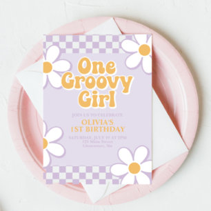 One Groovy Girl Retro Check Lilac Daisy Invitation