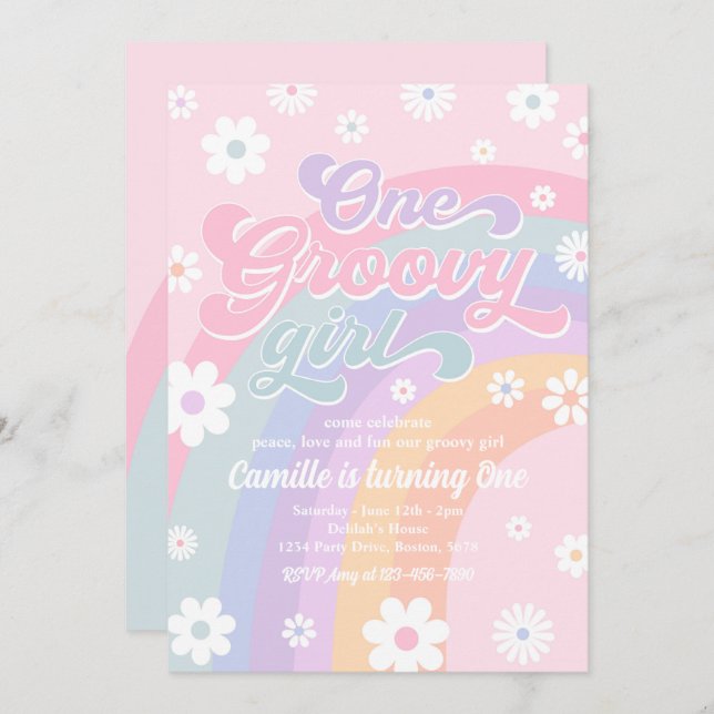 One Groovy Girl Retro Daisy Pink Rainbow Birthday Invitation (Front/Back)