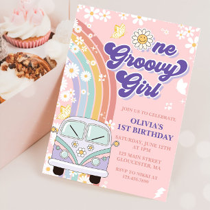 One Groovy Girl Retro Rainbow 1st Birthday Invitation