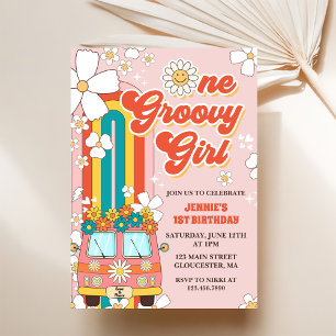 One Groovy Girl Retro Rainbow 1st Birthday Invitation