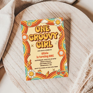 One Groovy Girl Retro Rainbow 1st Birthday Party Invitation