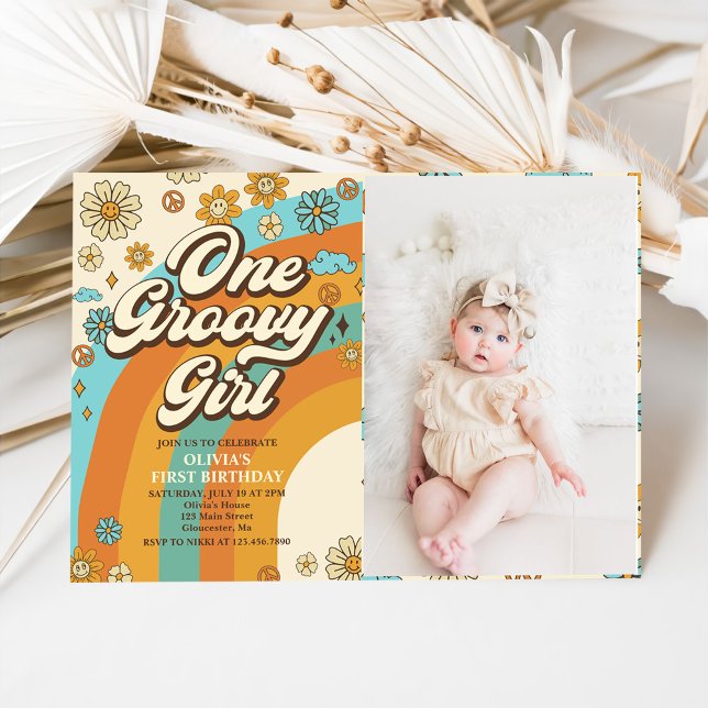 One Groovy Girl Retro Rainbow 1st Birthday Photo Invitation (Creator Uploaded)