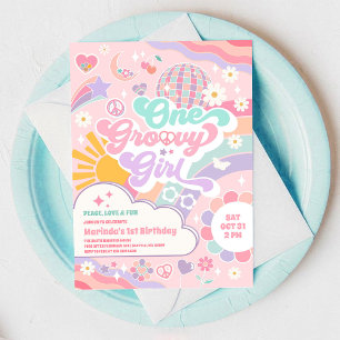 One Groovy Girl Sun Rainbow Disco 1st Birthday Invitation