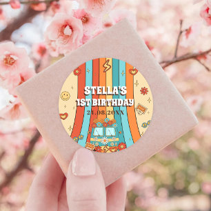 One Groovy Retro Rainbow 1st Birthday Classic Round Sticker