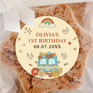 One Groovy Retro Rainbow 1st Birthday Classic Round Sticker