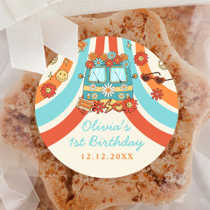 One Groovy Retro Rainbow 1st Birthday Classic Round Sticker