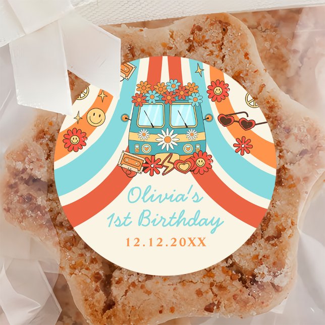 One Groovy Retro Rainbow 1st Birthday Classic Round Sticker (Creator Uploaded)