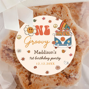 One Groovy Retro Rainbow 1st Birthday Classic Round Sticker