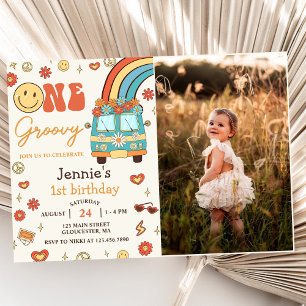 One Groovy Retro Rainbow 1st Birthday Party Photo Invitation