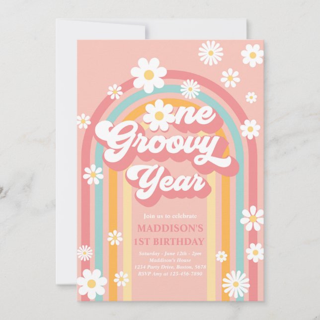 One Groovy Year Boho Daisy Rainbow 1st Birthday Invitation (Front)