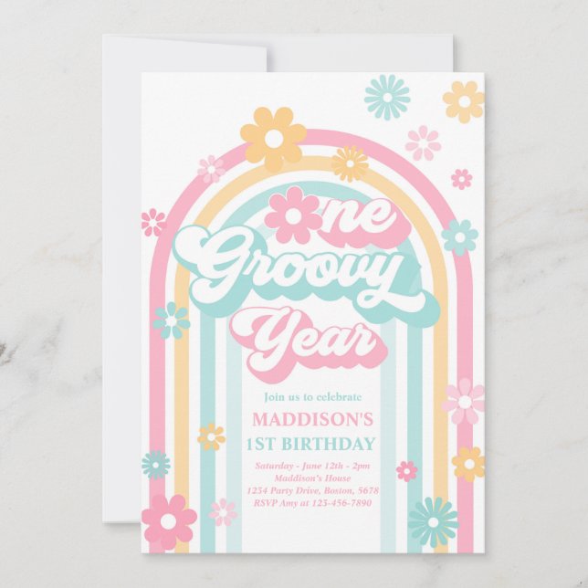 One Groovy Year Boho Daisy Rainbow 1st Birthday Invitation (Front)