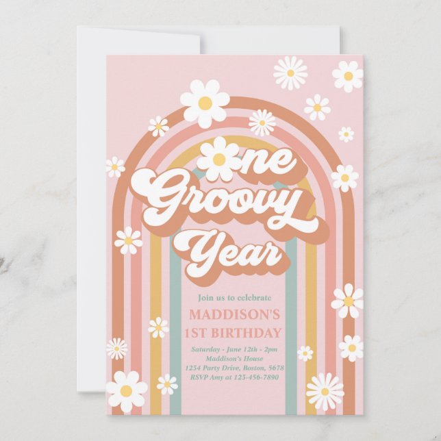 One Groovy Year Boho Daisy Rainbow 1st Birthday Invitation (Front)