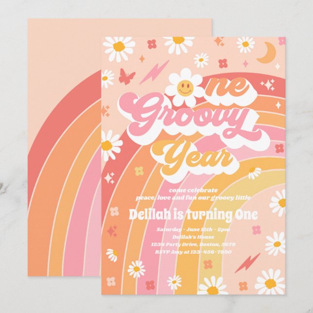 One Groovy Year Peace Love Party Rainbow Birthday Invitation (Front/Back)