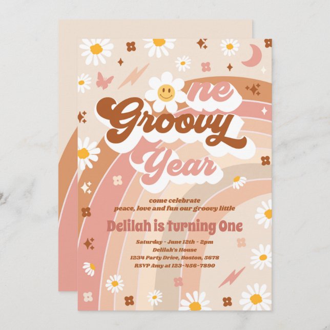 One Groovy Year Peace Love Party Rainbow Birthday Invitation (Front/Back)