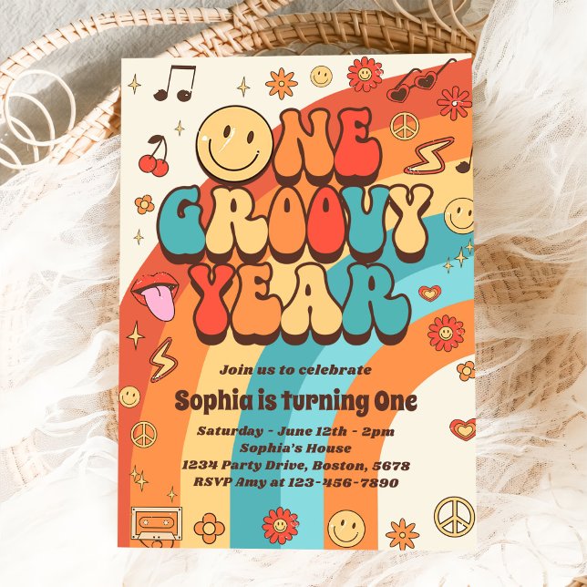 One Groovy Year Retro Rainbow 1st Birthday Party Invitation (Creator Uploaded)