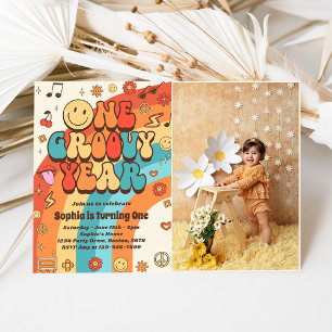 One Groovy Year Retro Rainbow 1st Birthday Photo Invitation