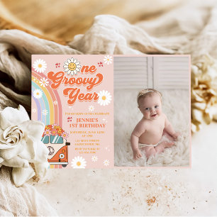 One Groovy Year Retro Rainbow 1st Birthday Photo Invitation
