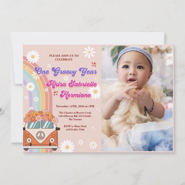 One Groovy Year Retro Rainbow 1st Birthday Photo Invitation (Front)