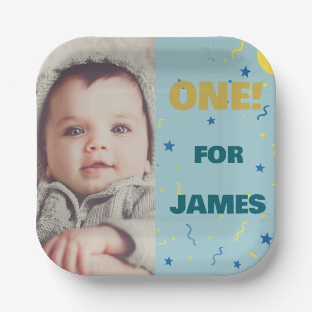 One Happy 1st Birthday Plate with Cute Photo (Front)