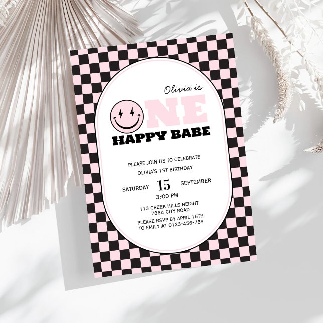 One Happy Babe Chequered Girl First Birthday Invitation (Creator Uploaded)