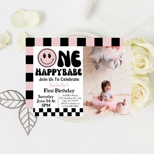 One Happy Babe Girl 1st  Birthday Photo  Invitation (Creator Uploaded)