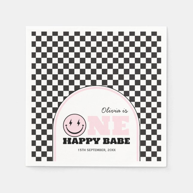 One Happy Babe Girls Pink 1st Birthday Napkin (Front)