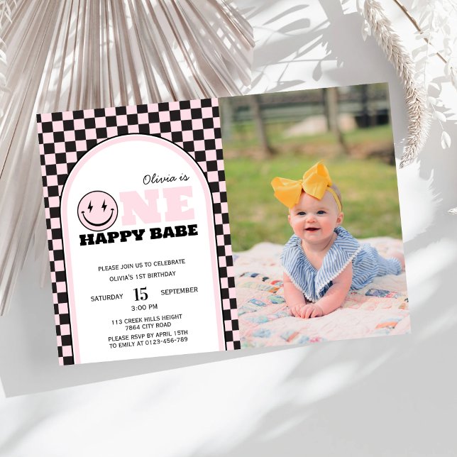 One Happy Babe Girls Pink Photo Birthday  Invitation (Creator Uploaded)