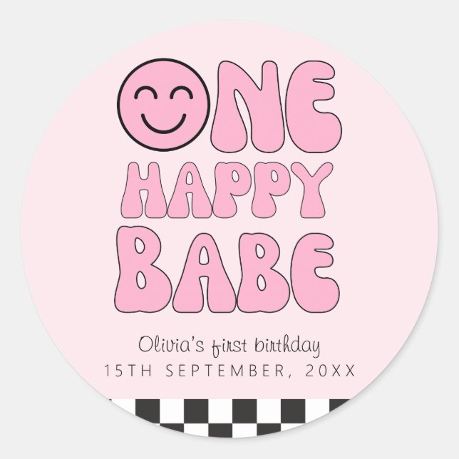 One Happy Babe Happy Face Pink  Classic Round Sticker (Front)