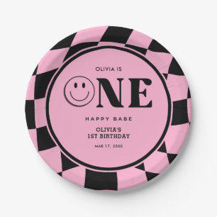 One Happy Babe Happy Face Pink Girl 1st Birthday Paper Plate