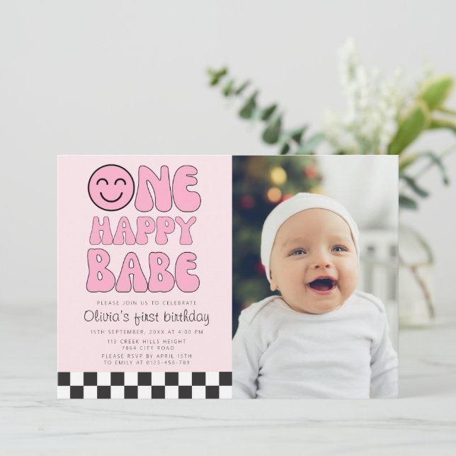 One Happy Babe Happy Face Pink Photo Invitation (Standing Front)