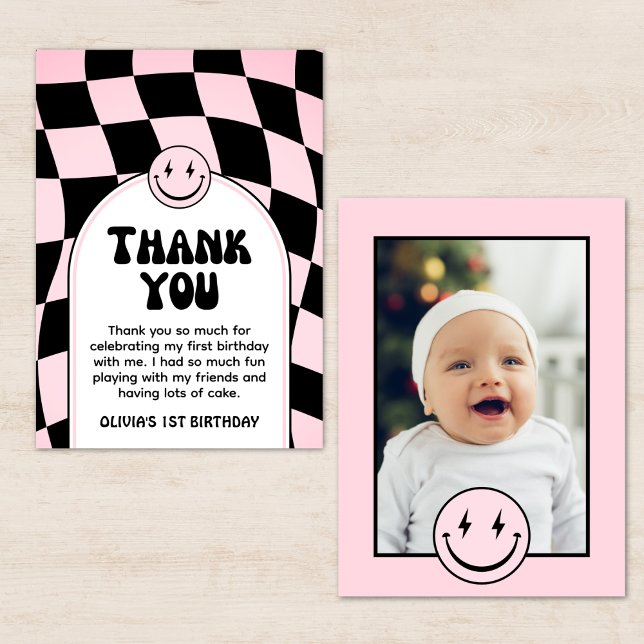 One Happy Babe Pink Check Photo Birthday  Thank You Card (Creator Uploaded)