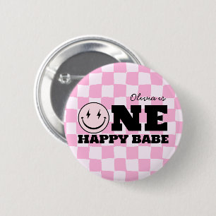 One Happy Babe Pink Chequered Birthday 6 Cm Round Badge