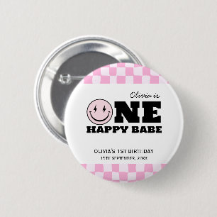 One Happy Babe Pink Chequered Birthday 6 Cm Round Badge