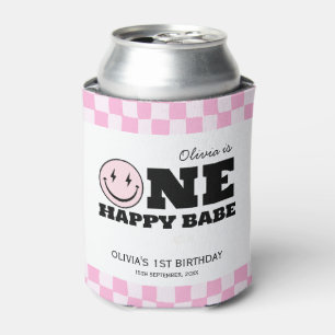 One Happy Babe Pink Chequered Birthday Can Cooler