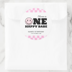One Happy Babe Pink Chequered Birthday Classic Round Sticker