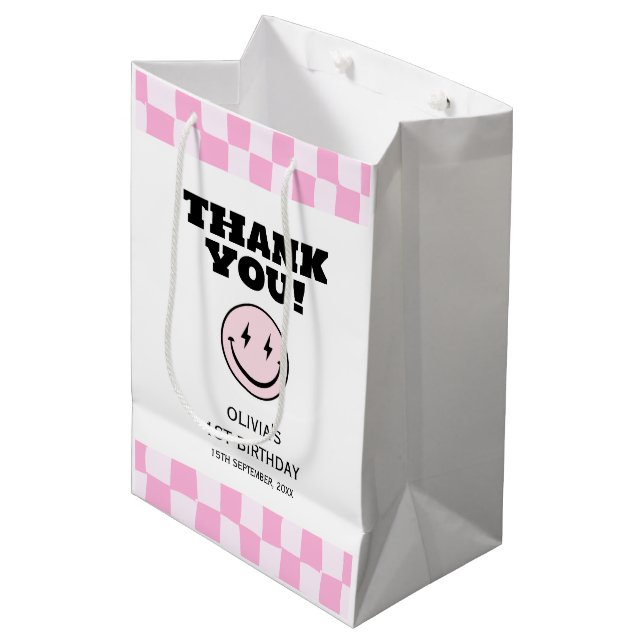 One Happy Babe Pink Chequered Birthday Medium Gift Bag (Front Angled)