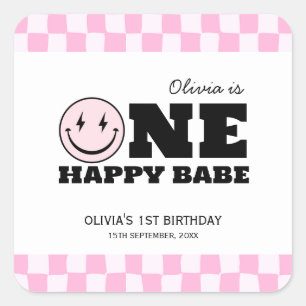 One Happy Babe Pink Chequered Birthday Square Sticker