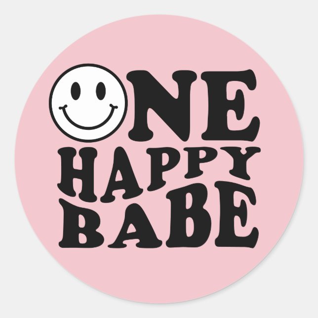 One Happy Babe Pink Preppy Smile 1st Birthday  Classic Round Sticker (Front)