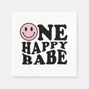 One Happy Babe Pink Retro Happy Smile Birthday Napkin