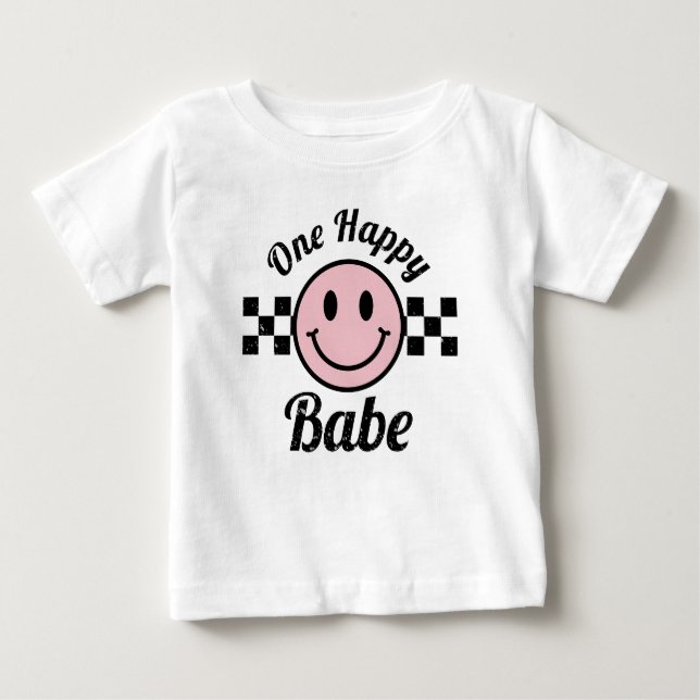 One Happy Babe Pink Smile Face Birthday Matching Baby T-Shirt (Front)