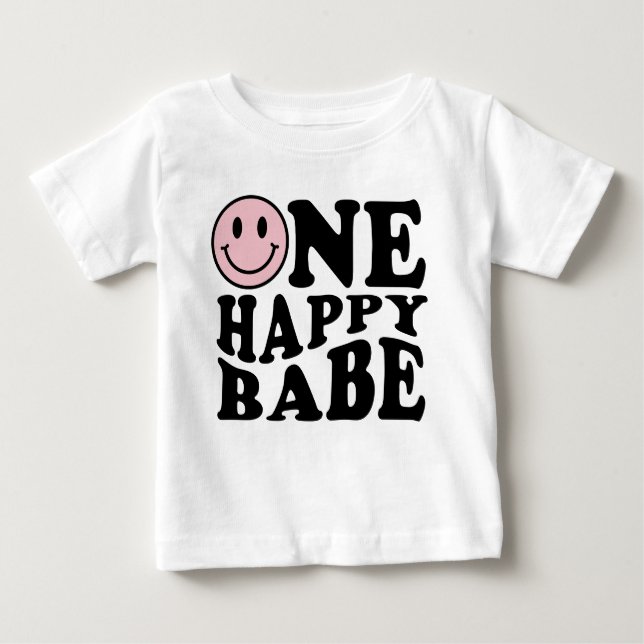 One Happy Babe | Preppy Smile Girl First Birthday  Baby T-Shirt (Front)