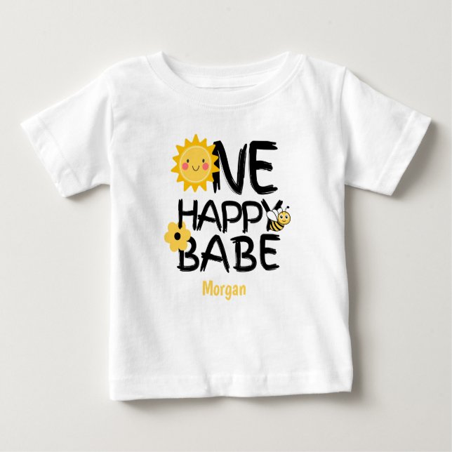 One Happy Babe Yellow Sunny Bee Girls 1st Birthday Baby T-Shirt (Front)